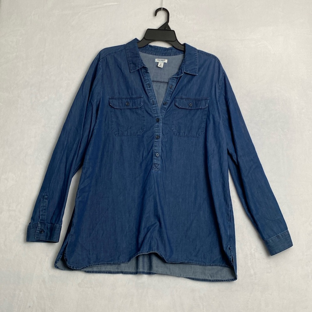 Old Navy Women's Dark Chambray Popover Tunic Top 100% Cotton Size XL